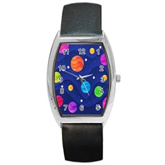Planet Space Moon Galaxy Sky Blue Polka Barrel Style Metal Watch by Mariart
