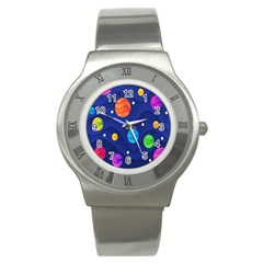 Planet Space Moon Galaxy Sky Blue Polka Stainless Steel Watch by Mariart