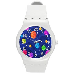 Planet Space Moon Galaxy Sky Blue Polka Round Plastic Sport Watch (m) by Mariart