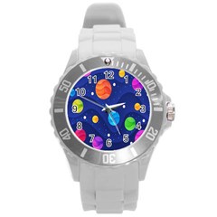 Planet Space Moon Galaxy Sky Blue Polka Round Plastic Sport Watch (l) by Mariart