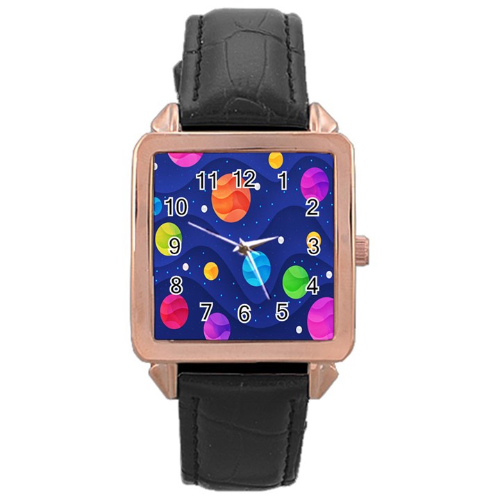 Planet Space Moon Galaxy Sky Blue Polka Rose Gold Leather Watch 