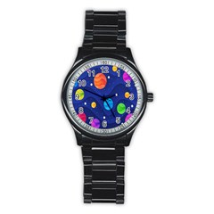 Planet Space Moon Galaxy Sky Blue Polka Stainless Steel Round Watch by Mariart