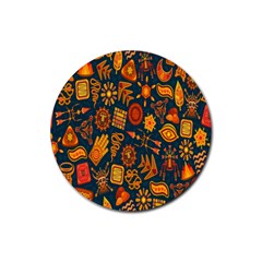 Tribal Ethnic Blue Gold Culture Rubber Round Coaster (4 Pack) 