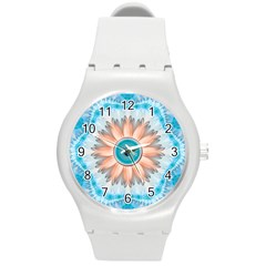 Clean And Pure Turquoise And White Fractal Flower Round Plastic Sport Watch (m) by jayaprime