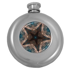 Kaleidoscopic Design Elegant Star Brown Turquoise Round Hip Flask (5 Oz) by yoursparklingshop