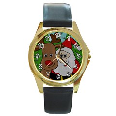 Santa And Rudolph Selfie  Round Gold Metal Watch