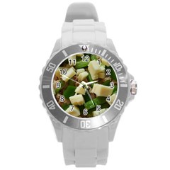 Cheese And Peppers Green Yellow Funny Design Round Plastic Sport Watch (l) by yoursparklingshop