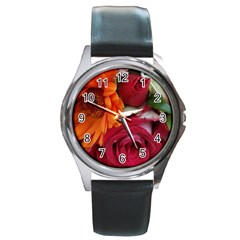 Floral Photography Orange Red Rose Daisy Elegant Flowers Bouquet Round Metal Watch by yoursparklingshop