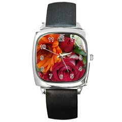 Floral Photography Orange Red Rose Daisy Elegant Flowers Bouquet Square Metal Watch