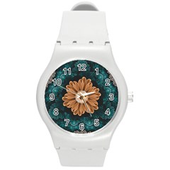 Beautiful Paradise Chrysanthemum Of Orange And Aqua Round Plastic Sport Watch (m) by jayaprime