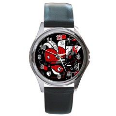 Red Black And White Abstraction Round Metal Watch by Valentinaart