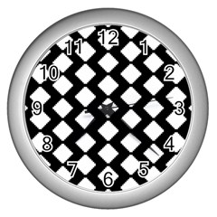 Abstract Tile Pattern Black White Triangle Plaid Wall Clocks (silver)  by Alisyart