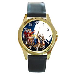 Christmas Reindeer Santa Claus Snow Night Moon Blue Sky Round Gold Metal Watch by Alisyart