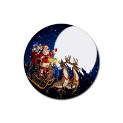 Christmas Reindeer Santa Claus Snow Night Moon Blue Sky Rubber Round Coaster (4 Pack) 