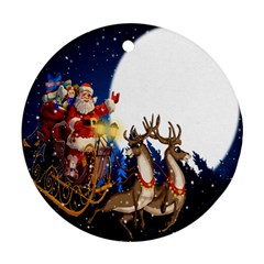 Christmas Reindeer Santa Claus Snow Night Moon Blue Sky Round Ornament (two Sides) by Alisyart