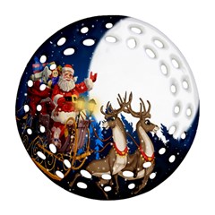 Christmas Reindeer Santa Claus Snow Night Moon Blue Sky Ornament (round Filigree) by Alisyart