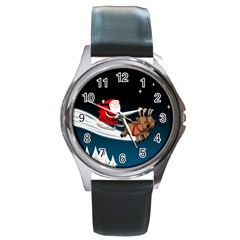 Christmas Reindeer Santa Claus Snow Star Blue Sky Round Metal Watch by Alisyart