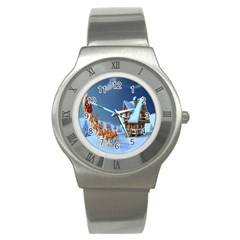 Christmas Reindeer Santa Claus Wooden Snow Stainless Steel Watch