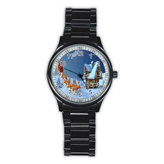 Christmas Reindeer Santa Claus Wooden Snow Stainless Steel Round Watch