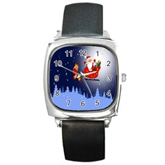 Deer Santa Claus Flying Trees Moon Night Merry Christmas Square Metal Watch by Alisyart