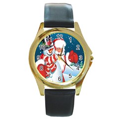 Hello Merry Christmas Santa Claus Snow Blue Sky Round Gold Metal Watch