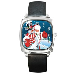 Hello Merry Christmas Santa Claus Snow Blue Sky Square Metal Watch