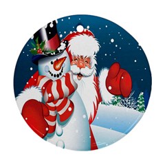 Hello Merry Christmas Santa Claus Snow Blue Sky Round Ornament (Two Sides)