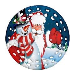 Hello Merry Christmas Santa Claus Snow Blue Sky Ornament (Round Filigree)