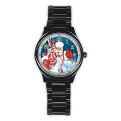 Hello Merry Christmas Santa Claus Snow Blue Sky Stainless Steel Round Watch