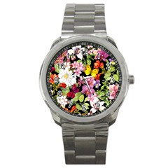 Beautiful,floral,hand Painted, Flowers,black,background,modern,trendy,girly,retro Sport Metal Watch by NouveauDesign