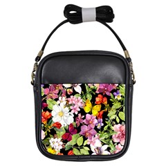 Beautiful,floral,hand Painted, Flowers,black,background,modern,trendy,girly,retro Girls Sling Bags by NouveauDesign