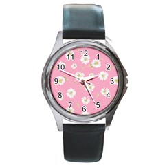 Pink Flowers Round Metal Watch by NouveauDesign