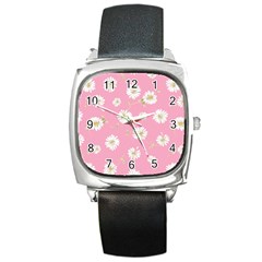 Pink Flowers Square Metal Watch by NouveauDesign