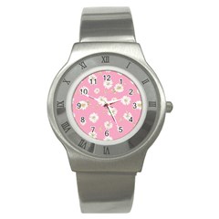 Pink Flowers Stainless Steel Watch by NouveauDesign