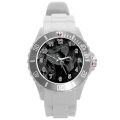 Black and White Leaves Photo Round Plastic Sport Watch (L)