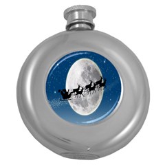 Santa Claus Christmas Fly Moon Night Blue Sky Round Hip Flask (5 Oz)