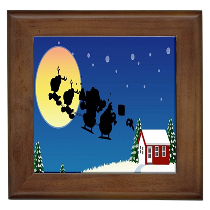 Santa Claus Christmas Sleigh Flying Moon House Tree Framed Tiles