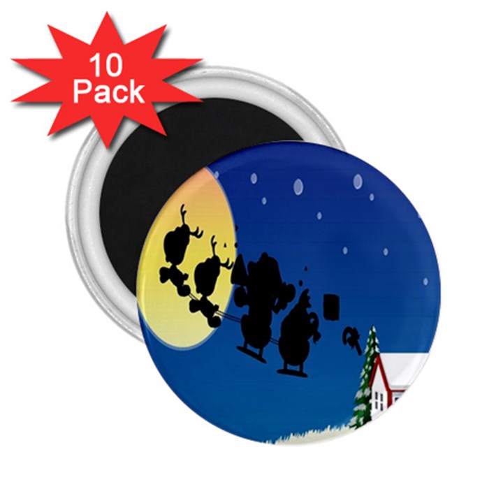 Santa Claus Christmas Sleigh Flying Moon House Tree 2.25  Magnets (10 pack) 