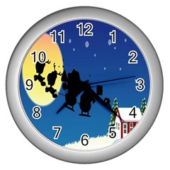 Santa Claus Christmas Sleigh Flying Moon House Tree Wall Clocks (silver)  by Alisyart