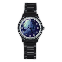 Santa Claus Christmas Night Moon Happy Fly Stainless Steel Round Watch by Alisyart