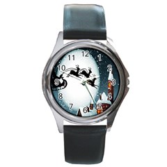 Santa Claus Christmas Snow Cool Night Moon Sky Round Metal Watch by Alisyart