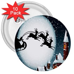 Santa Claus Christmas Snow Cool Night Moon Sky 3  Buttons (10 Pack)  by Alisyart