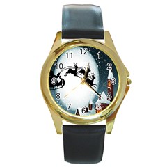 Santa Claus Christmas Snow Cool Night Moon Sky Round Gold Metal Watch by Alisyart