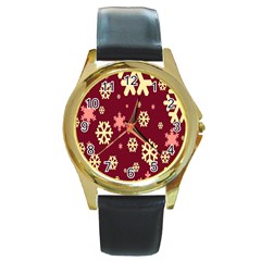 Snowflake Winter Illustration Colour Round Gold Metal Watch