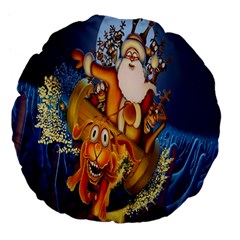 Deer Santa Claus Flying Trees Moon Night Christmas Large 18  Premium Flano Round Cushions by Alisyart