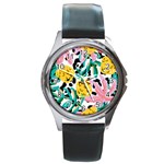 Fruit Pattern Pineapple Leaf Round Metal Watch Front
