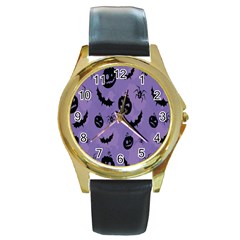 Halloween Pumpkin Bat Spider Purple Black Ghost Smile Round Gold Metal Watch by Alisyart