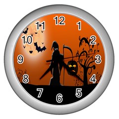 Halloween Sinister Night Moon Bats Wall Clocks (silver) 