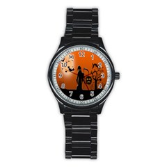 Halloween Sinister Night Moon Bats Stainless Steel Round Watch by Alisyart