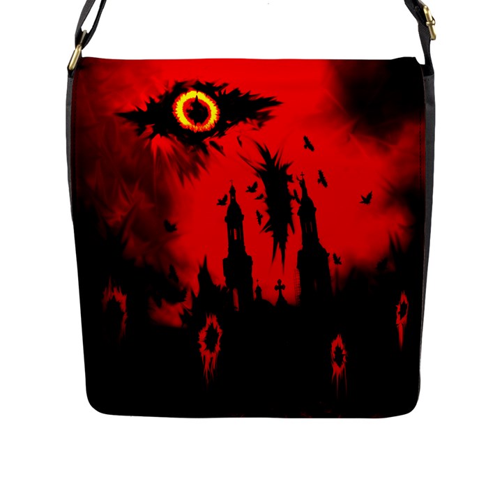 Big Eye Fire Black Red Night Crow Bird Ghost Halloween Flap Messenger Bag (L) 